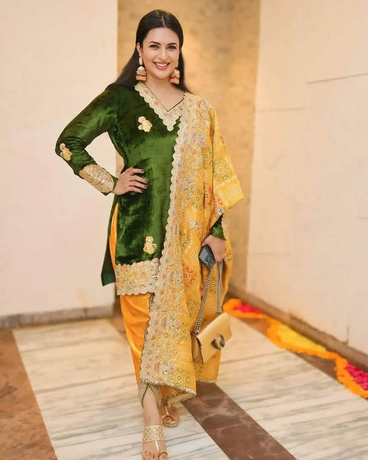 Yellow & Dark Green Velvet Suit Set – Wedding Special 3-Piece Embroidered Outfit