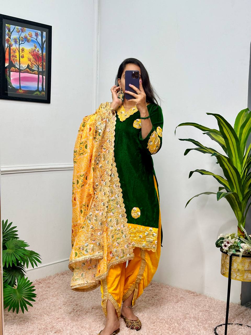 Yellow & Dark Green Velvet Suit Set – Wedding Special 3-Piece Embroidered Outfit