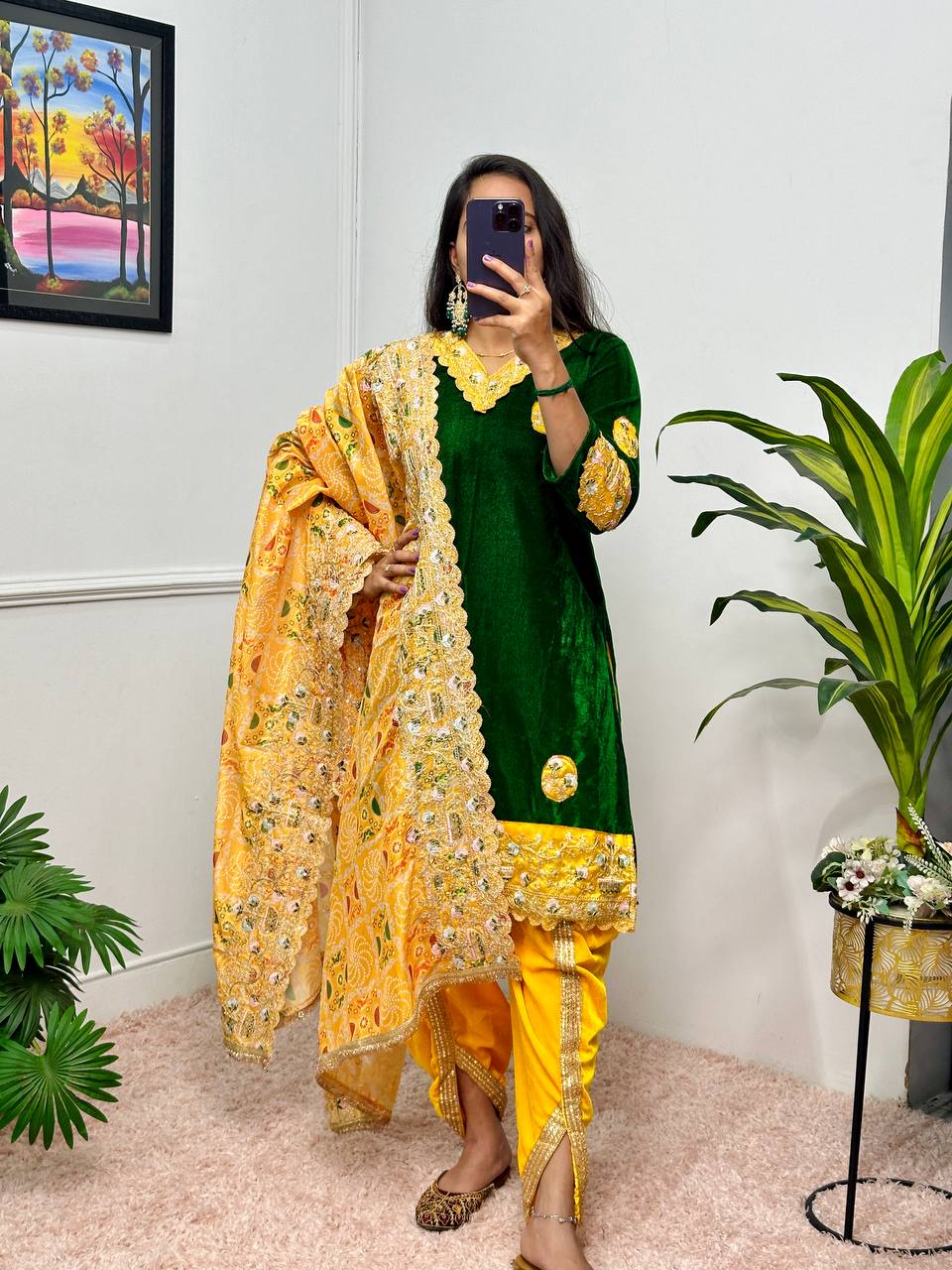 Yellow & Dark Green Velvet Suit Set – Wedding Special 3-Piece Embroidered Outfit