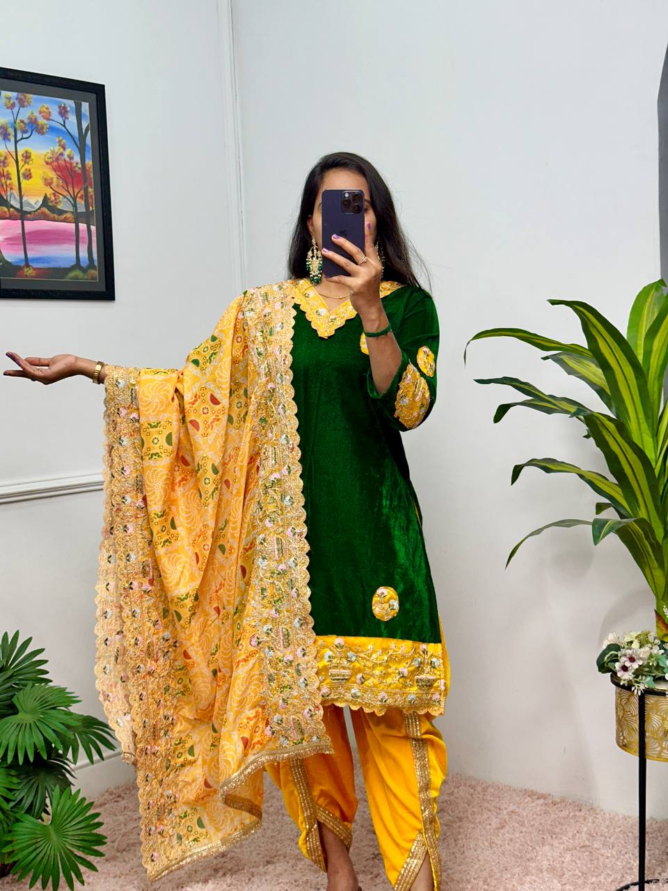 Yellow & Dark Green Velvet Suit Set – Wedding Special 3-Piece Embroidered Outfit