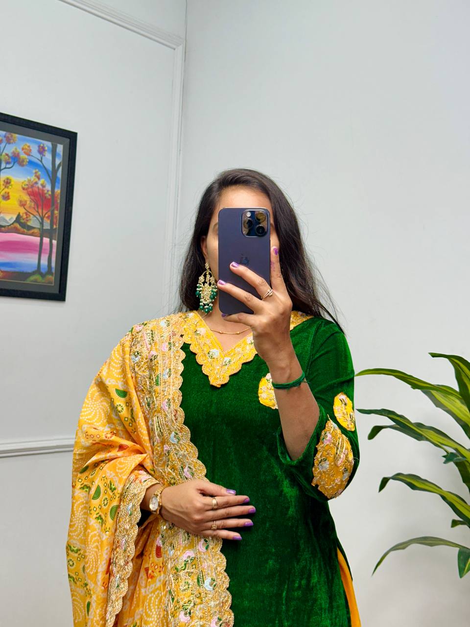 Yellow & Dark Green Velvet Suit Set – Wedding Special 3-Piece Embroidered Outfit