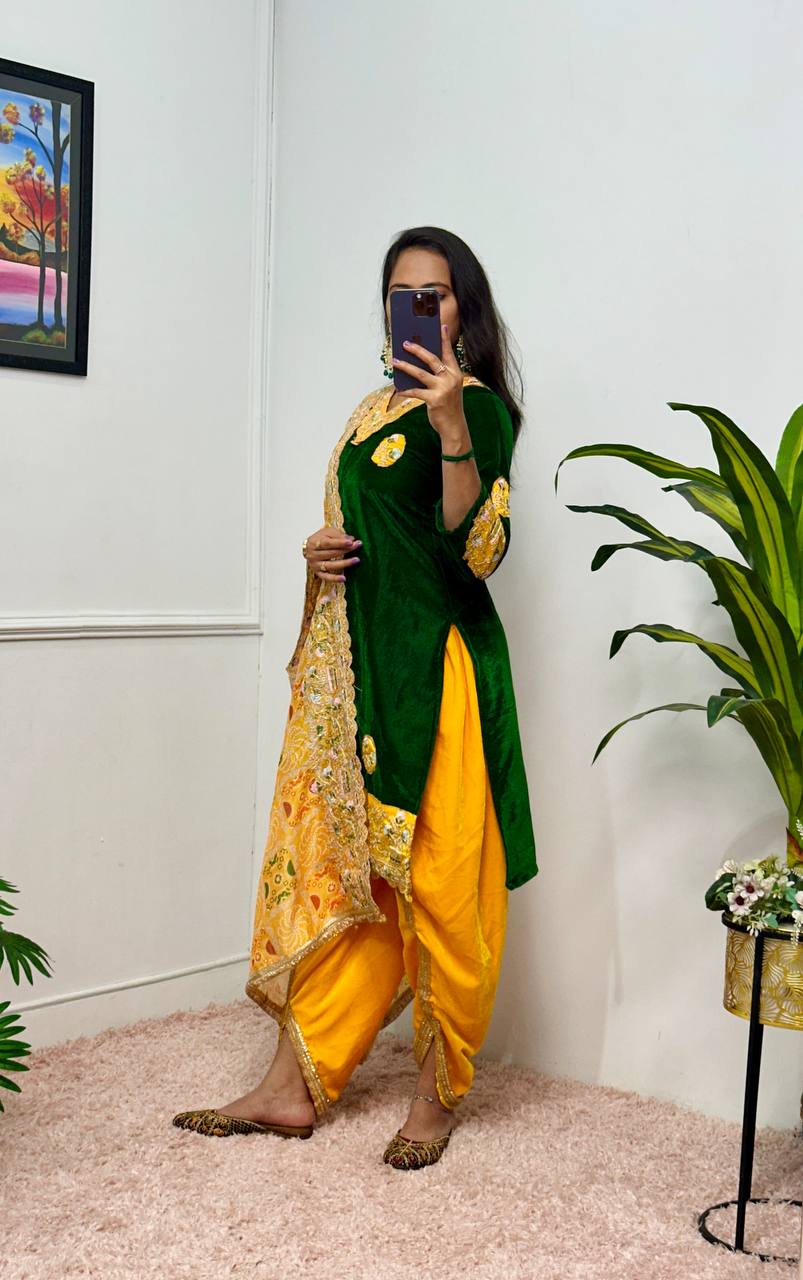 Yellow & Dark Green Velvet Suit Set – Wedding Special 3-Piece Embroidered Outfit