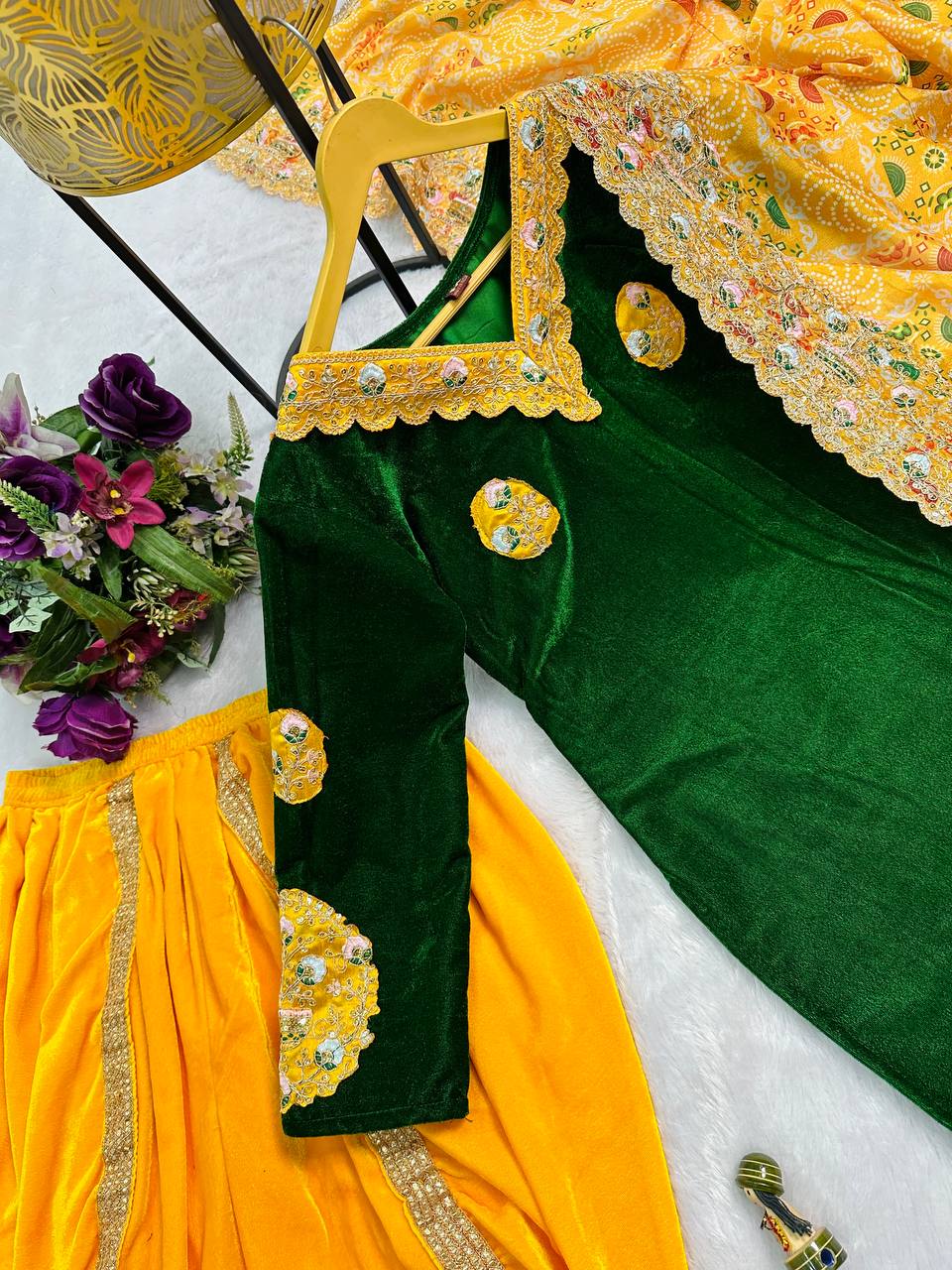 Yellow & Dark Green Velvet Suit Set – Wedding Special 3-Piece Embroidered Outfit