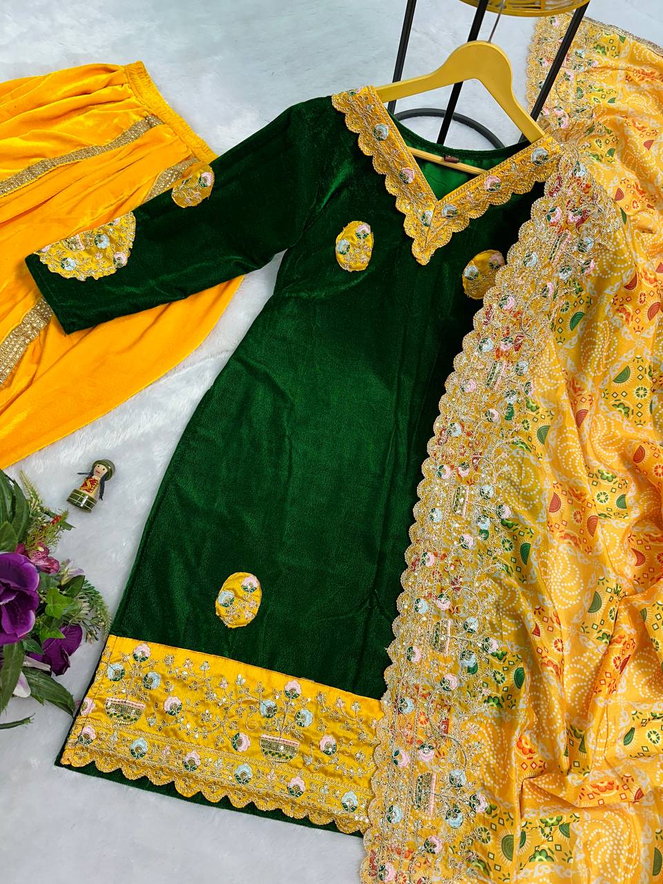 Yellow & Dark Green Velvet Suit Set – Wedding Special 3-Piece Embroidered Outfit