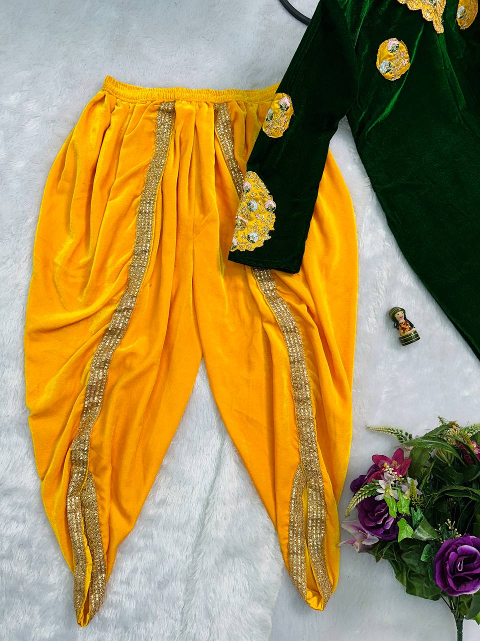 Yellow & Dark Green Velvet Suit Set – Wedding Special 3-Piece Embroidered Outfit