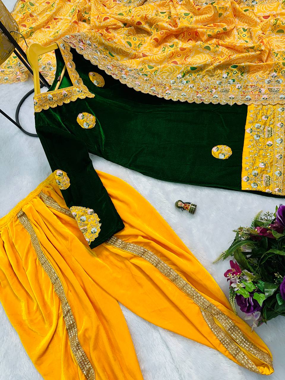 Yellow & Dark Green Velvet Suit Set – Wedding Special 3-Piece Embroidered Outfit