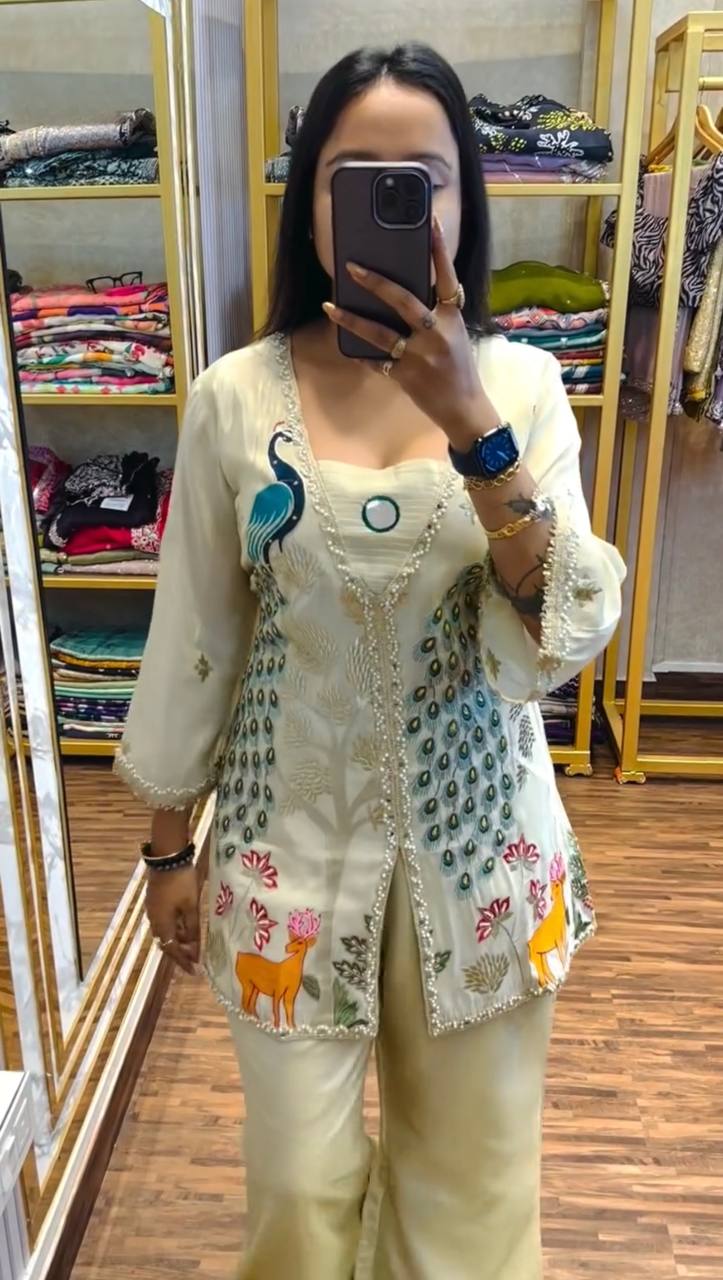 Beige Co-ord Set with Peacock Embroidery
