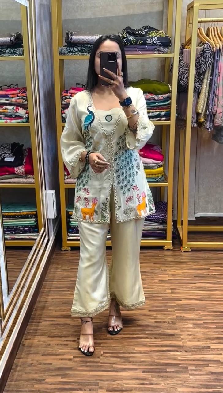 Beige Co-ord Set with Peacock Embroidery