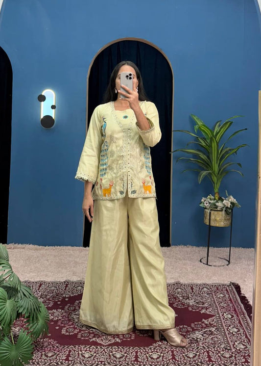 Beige Co-ord Set with Peacock Embroidery