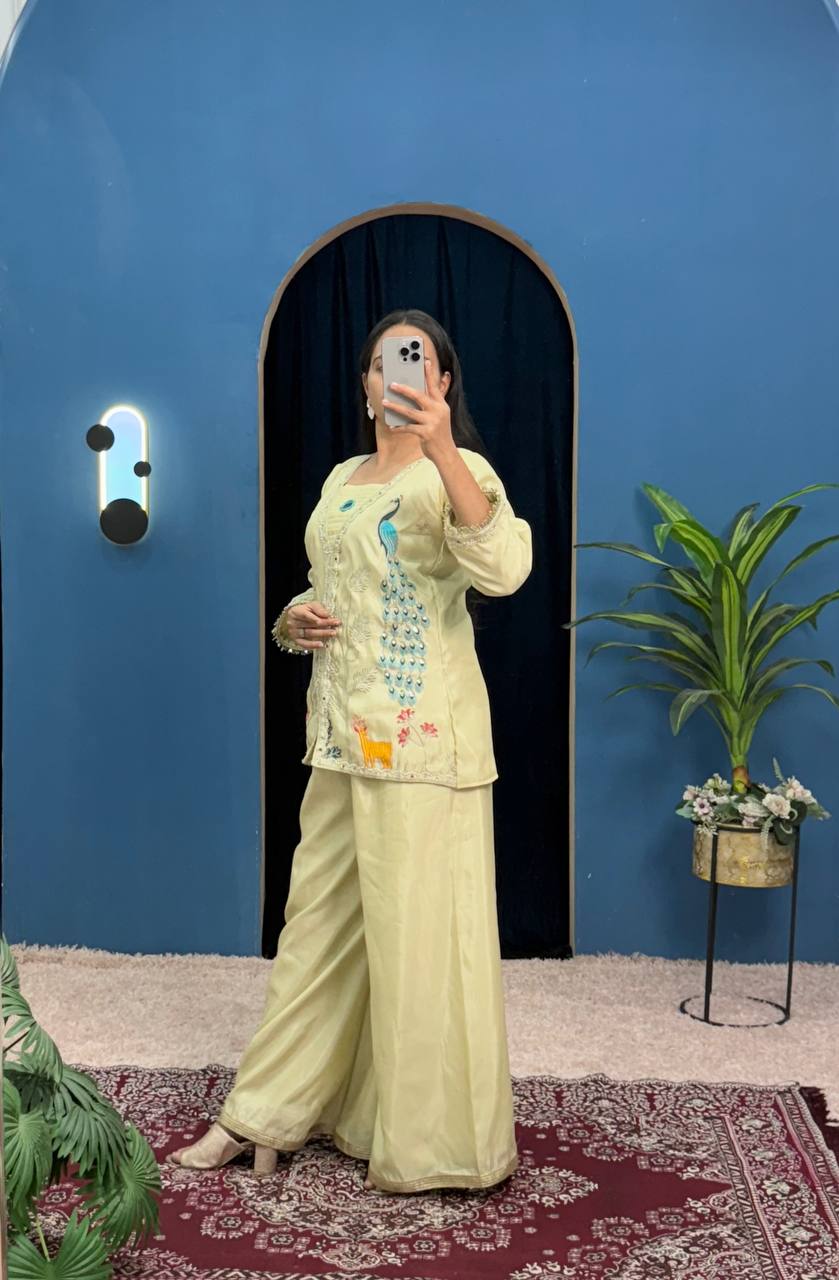 Beige Co-ord Set with Peacock Embroidery