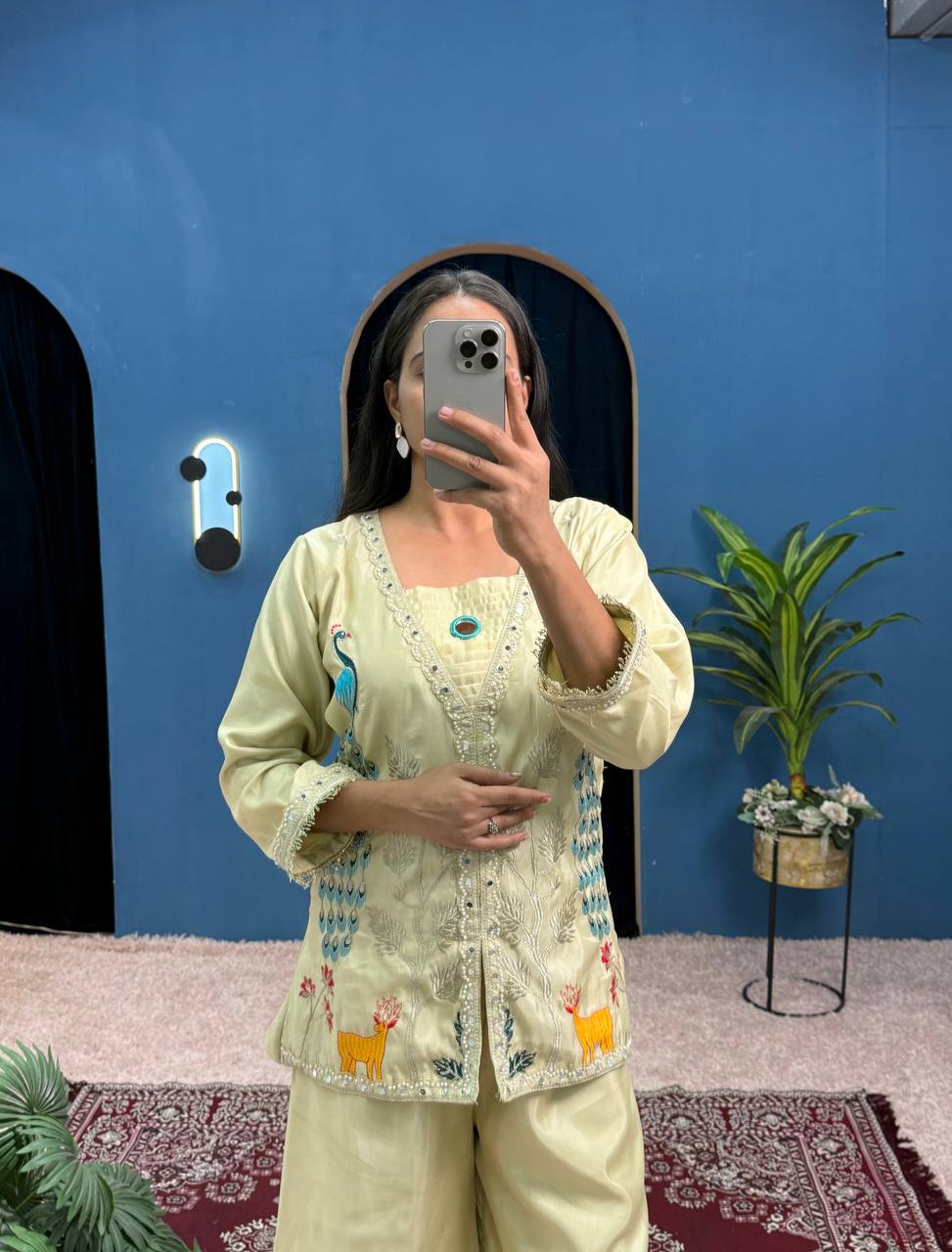 Beige Co-ord Set with Peacock Embroidery