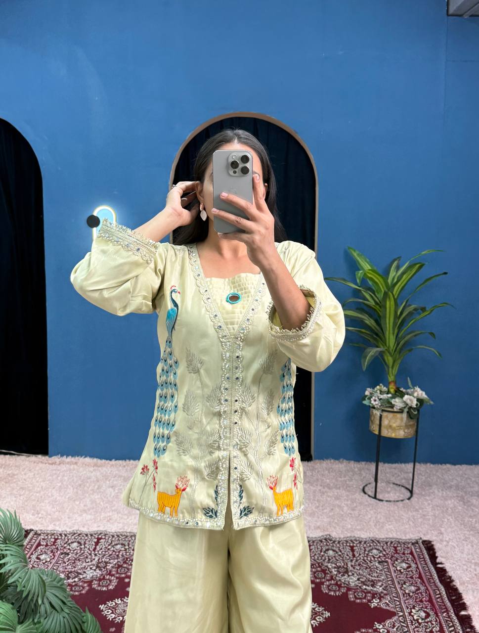 Beige Co-ord Set with Peacock Embroidery