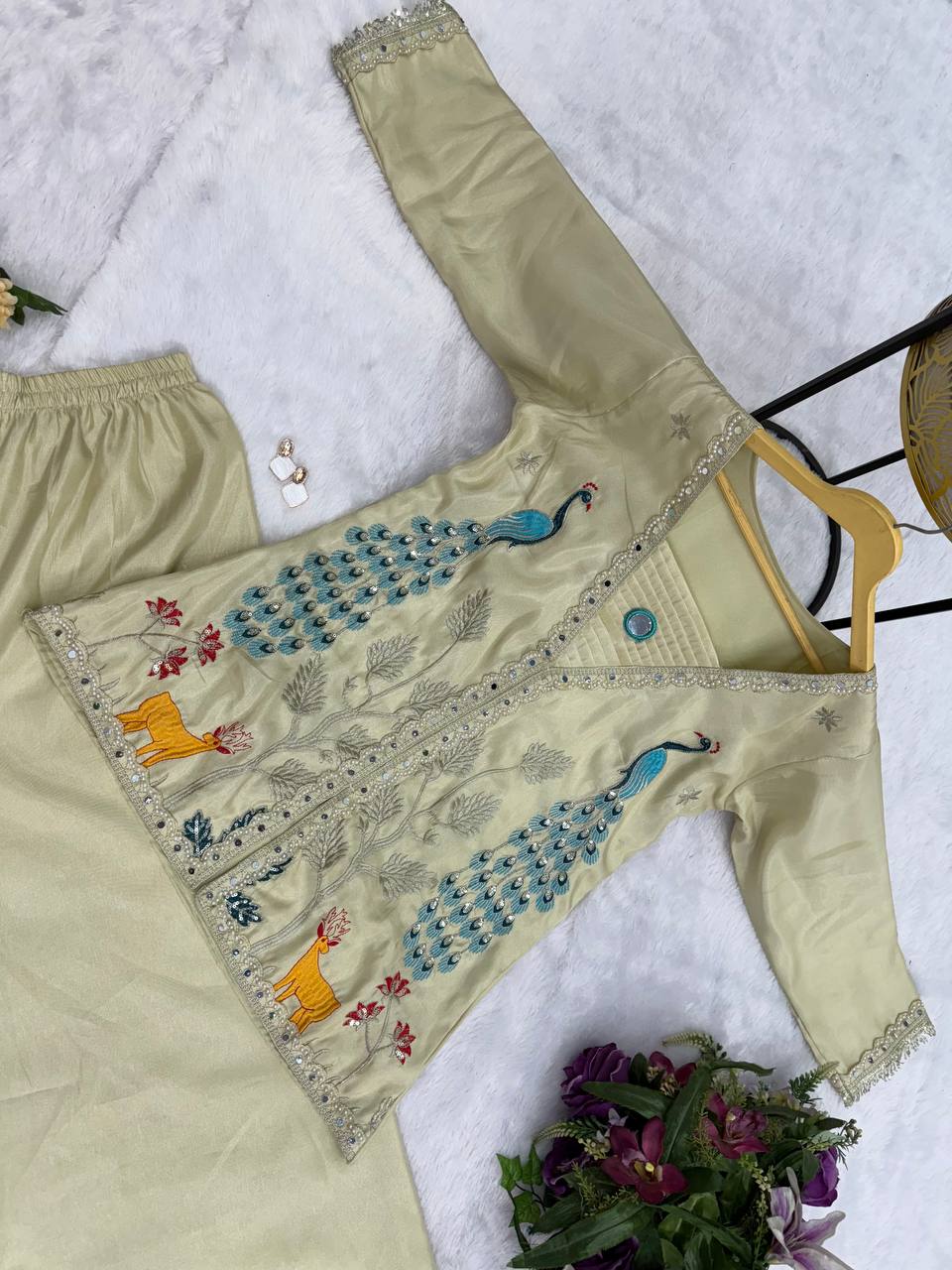Beige Co-ord Set with Peacock Embroidery
