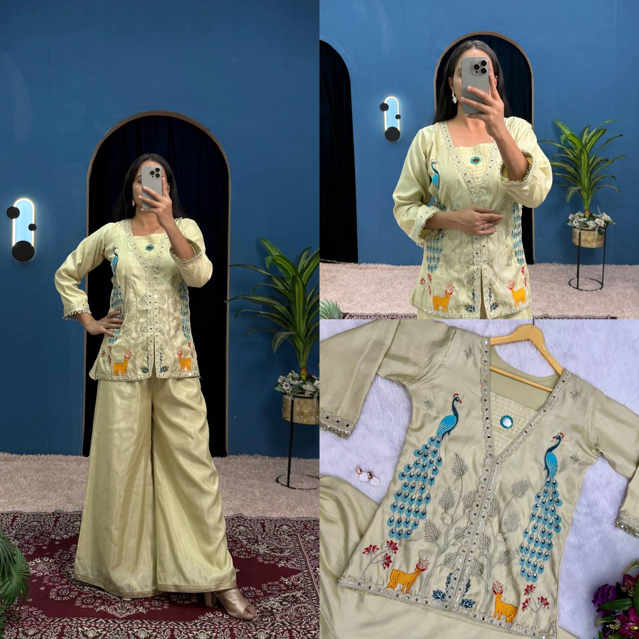 Beige Co-ord Set with Peacock Embroidery
