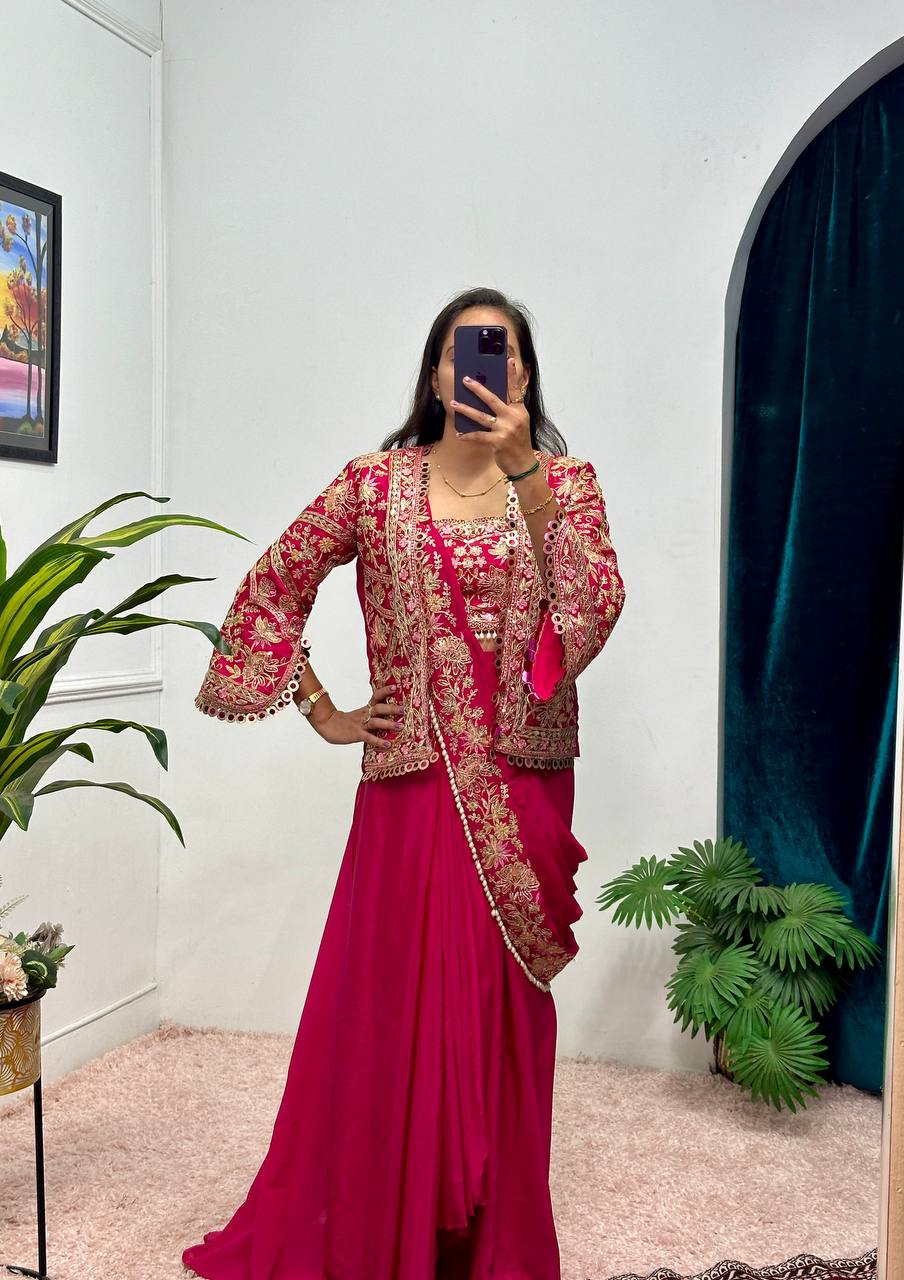 Indo-Western Drape Saree with Embroidered Koti & Stitched Blouse – Ready to Wear