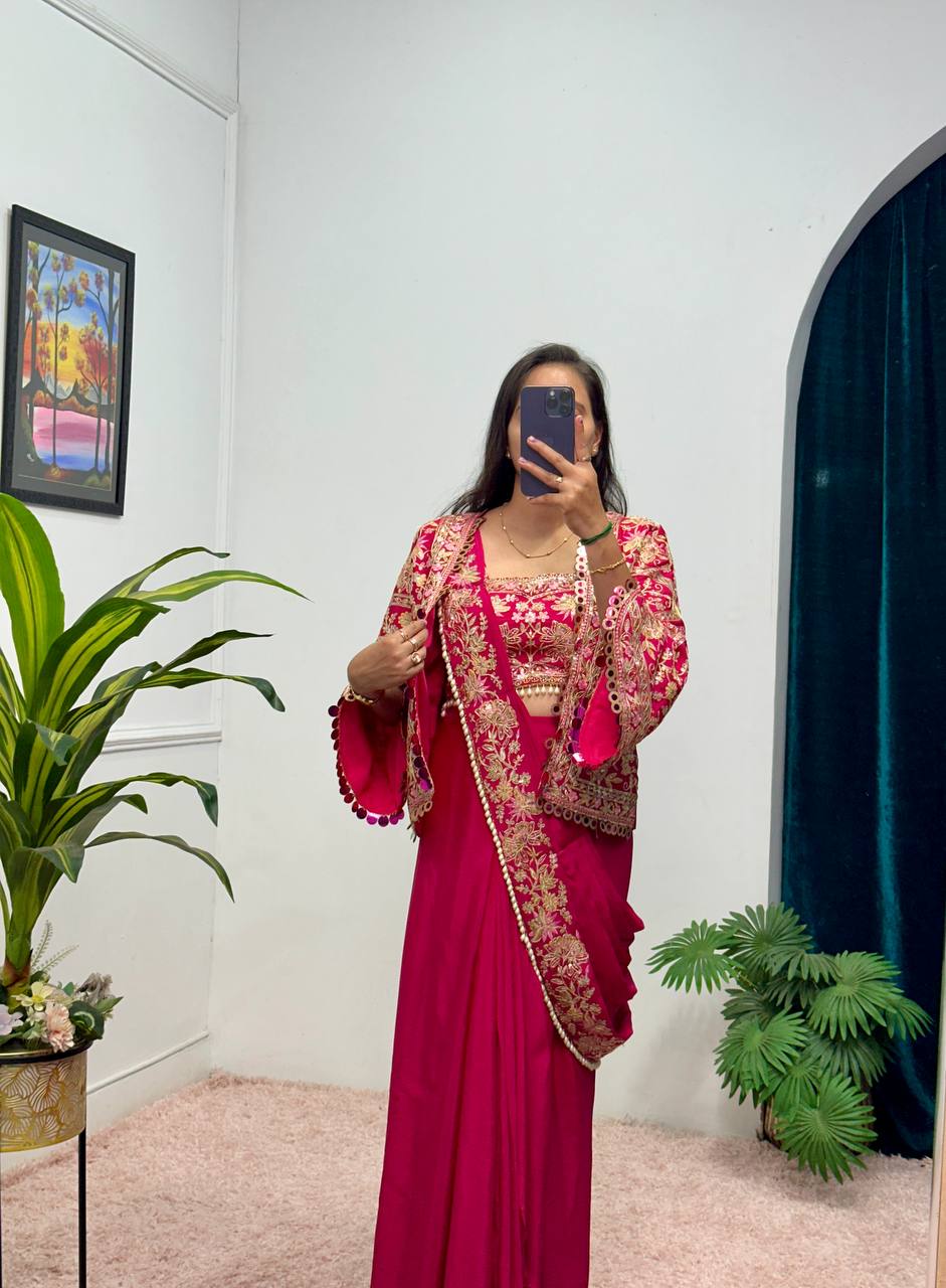 Indo-Western Drape Saree with Embroidered Koti & Stitched Blouse – Ready to Wear