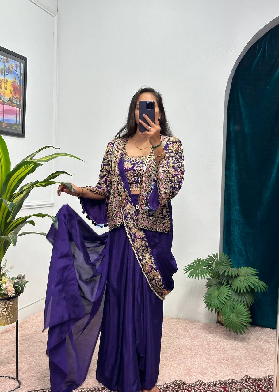 Indo-Western Drape Saree with Embroidered Koti & Stitched Blouse – Ready to Wear