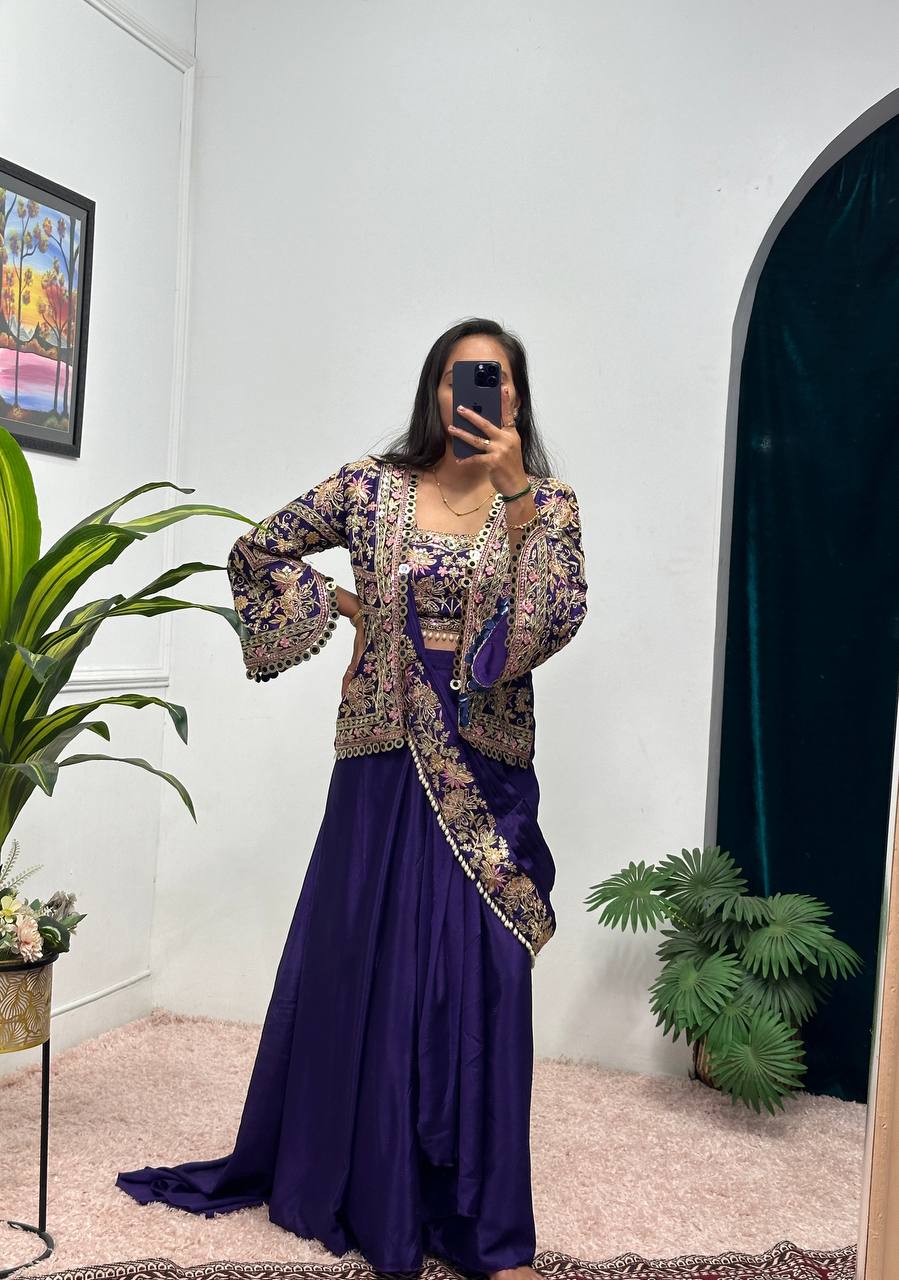 Indo-Western Drape Saree with Embroidered Koti & Stitched Blouse – Ready to Wear