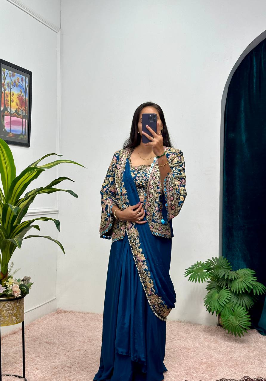 Indo-Western Drape Saree with Embroidered Koti & Stitched Blouse – Ready to Wear