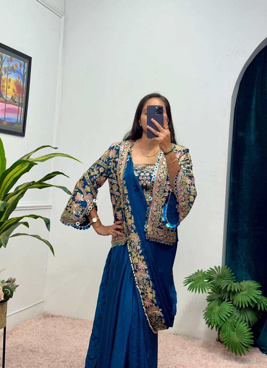 Indo-Western Drape Saree with Embroidered Koti & Stitched Blouse – Ready to Wear