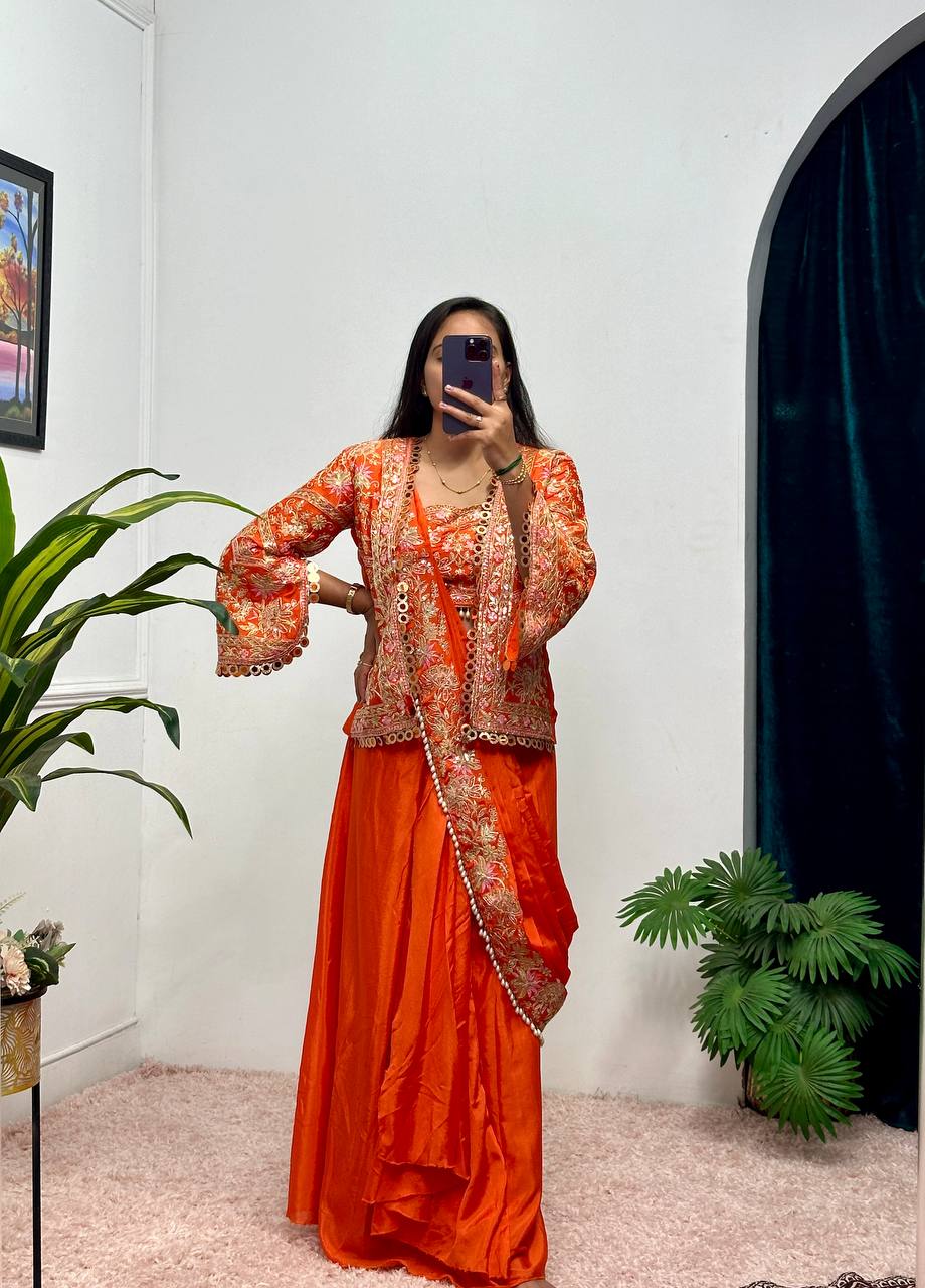 Indo-Western Drape Saree with Embroidered Koti & Stitched Blouse – Ready to Wear