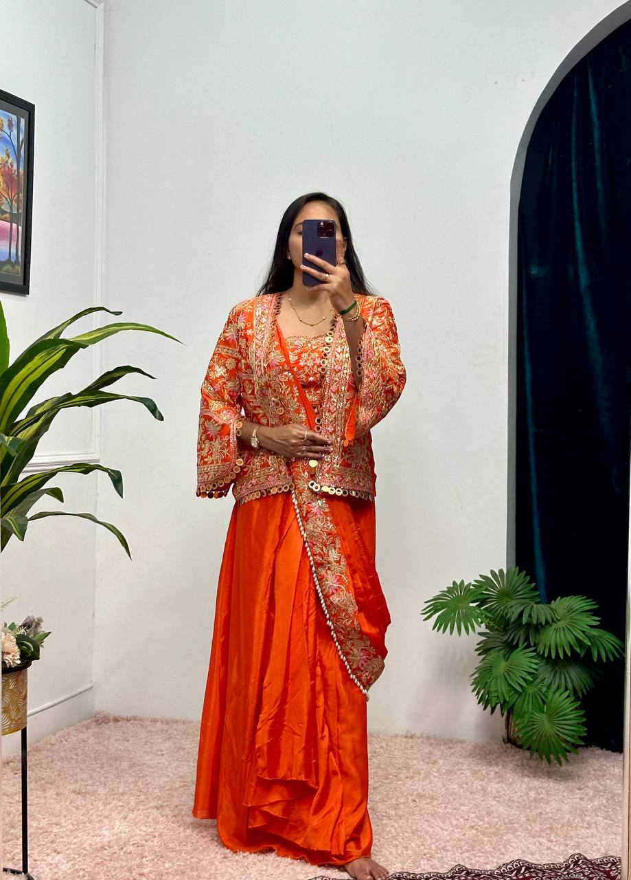 Indo-Western Drape Saree with Embroidered Koti & Stitched Blouse – Ready to Wear