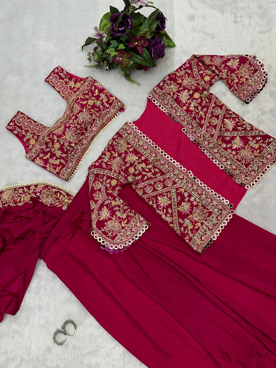 Indo-Western Drape Saree with Embroidered Koti & Stitched Blouse – Ready to Wear