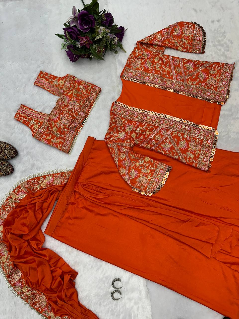 Indo-Western Drape Saree with Embroidered Koti & Stitched Blouse – Ready to Wear