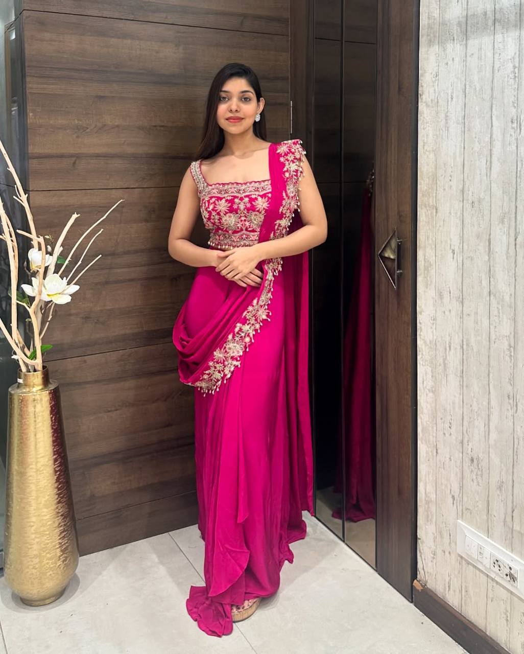 Indo-Western Drape Saree with Embroidered Koti & Stitched Blouse – Ready to Wear