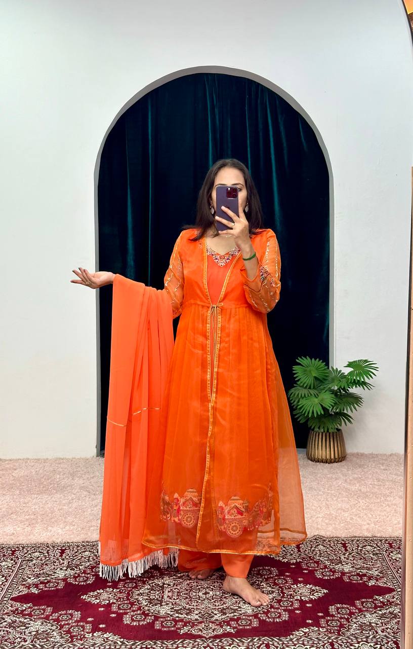 Festival Special Embroidered Indo-Western Anarkali Suit Set with Shrug, Dupatta & Palazzo | Heavy Georgette Fabric