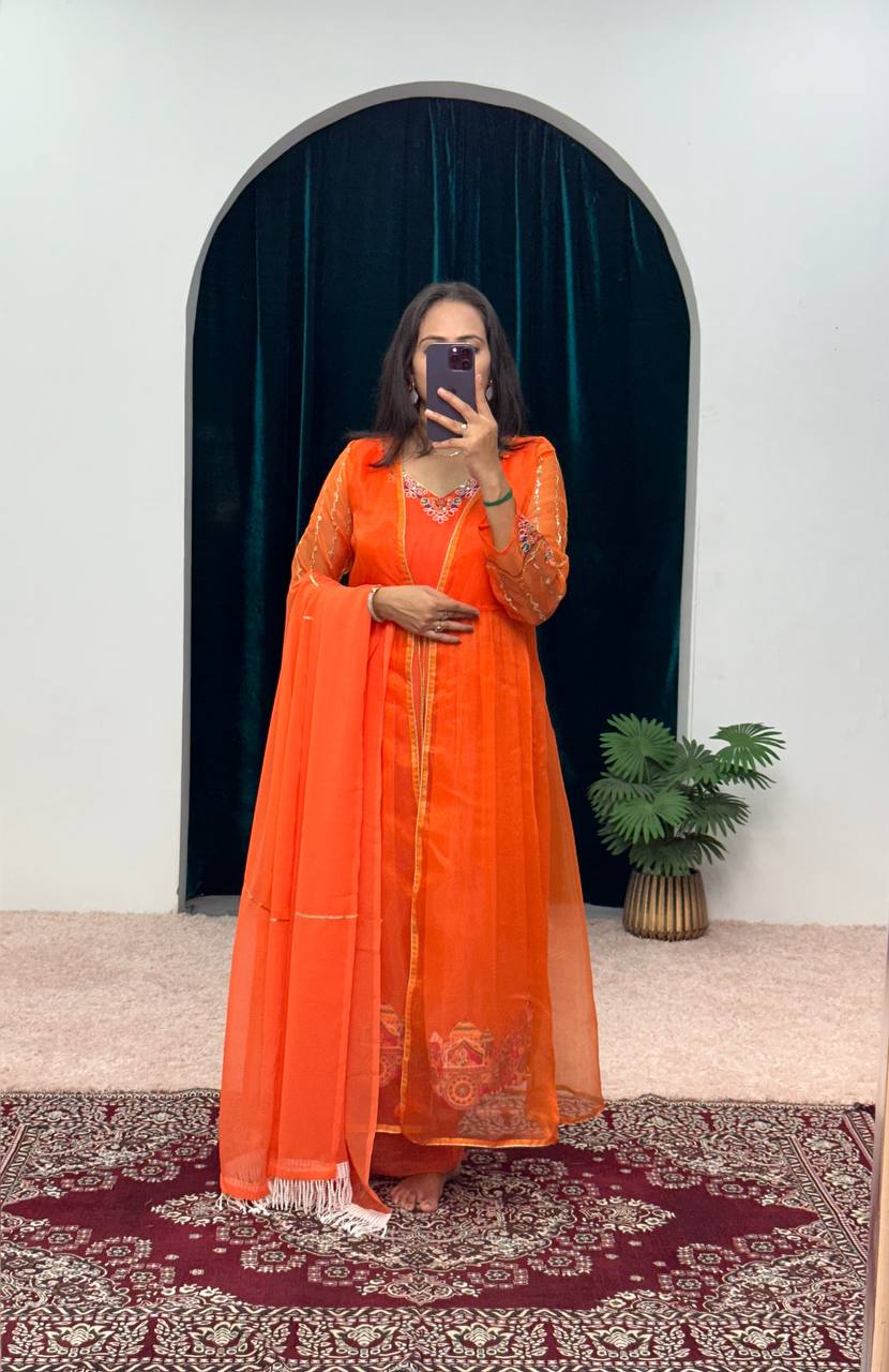 Festival Special Embroidered Indo-Western Anarkali Suit Set with Shrug, Dupatta & Palazzo | Heavy Georgette Fabric