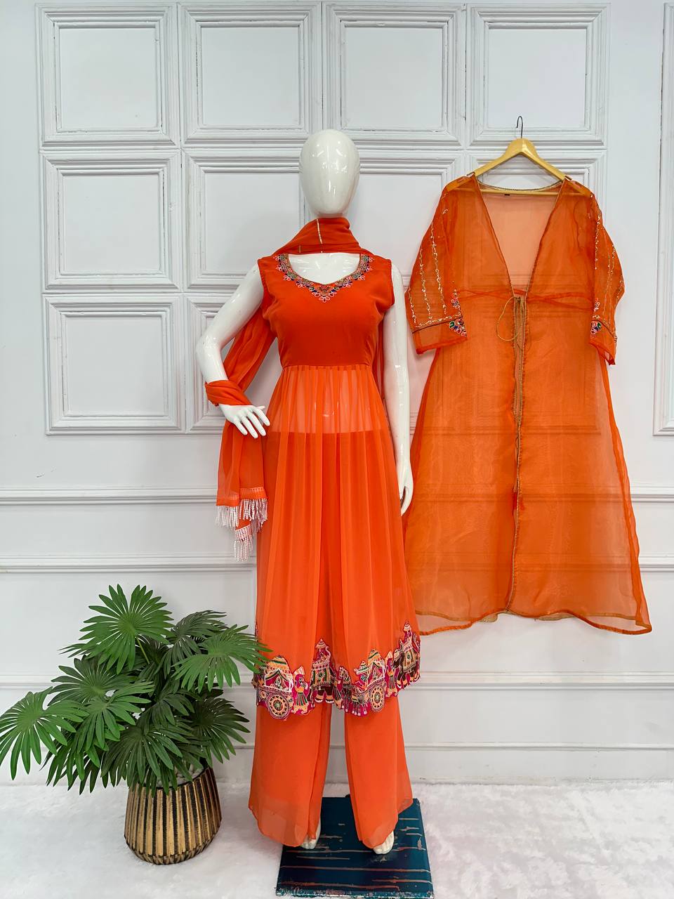 Festival Special Embroidered Indo-Western Anarkali Suit Set with Shrug, Dupatta & Palazzo | Heavy Georgette Fabric