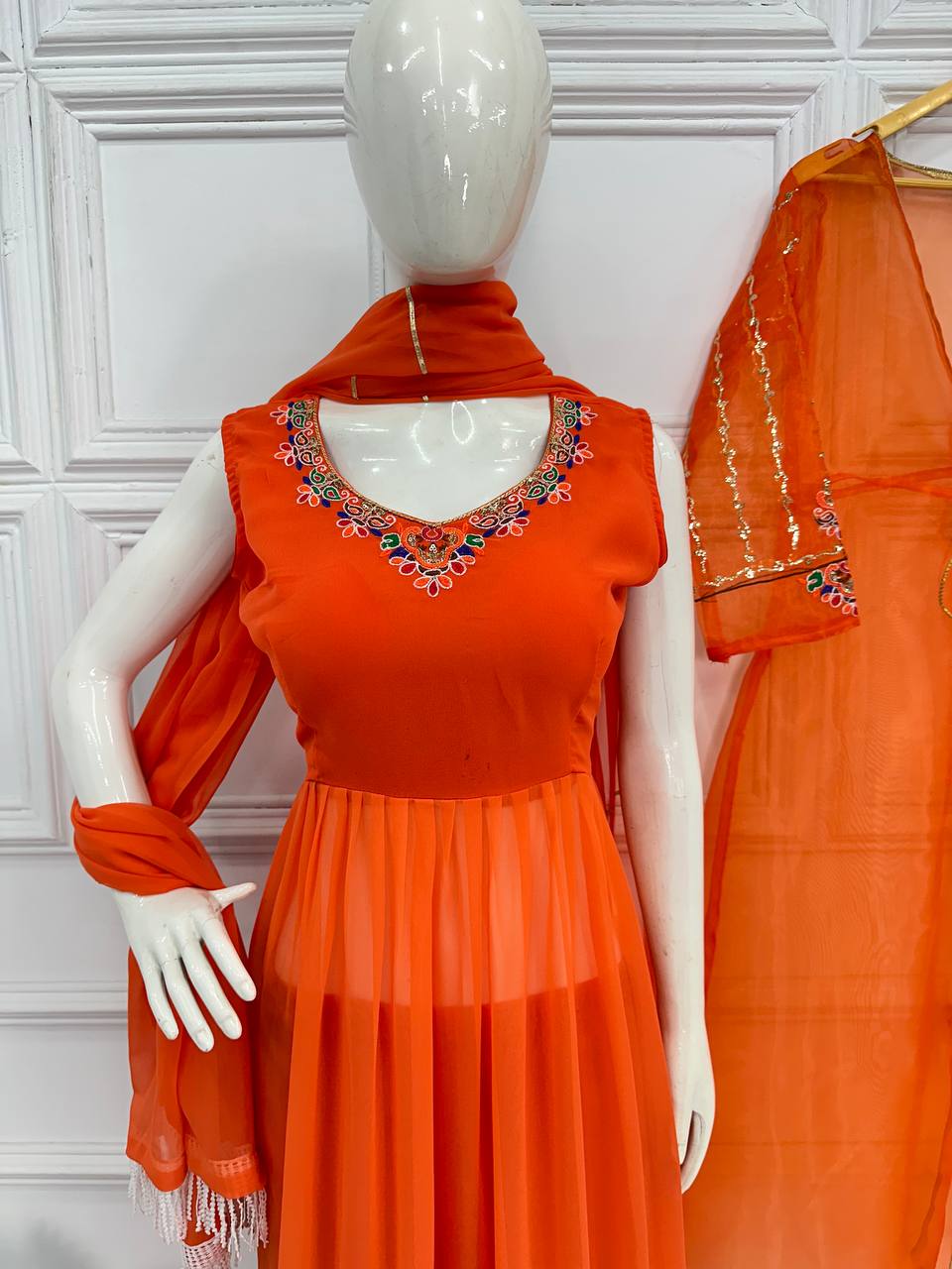 Festival Special Embroidered Indo-Western Anarkali Suit Set with Shrug, Dupatta & Palazzo | Heavy Georgette Fabric