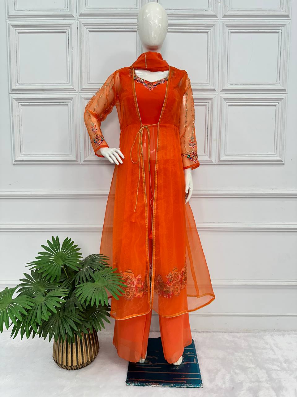 Festival Special Embroidered Indo-Western Anarkali Suit Set with Shrug, Dupatta & Palazzo | Heavy Georgette Fabric