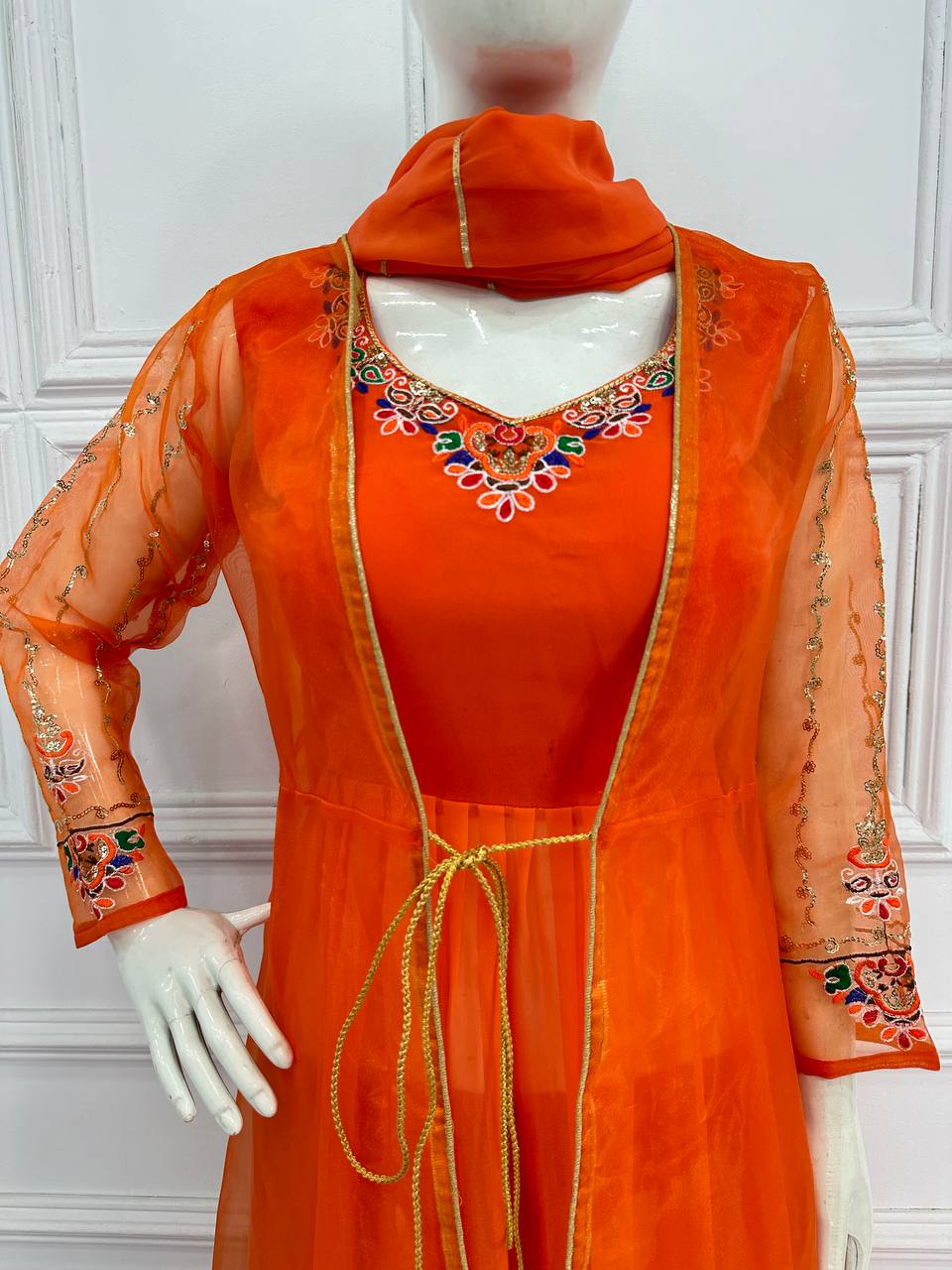 Festival Special Embroidered Indo-Western Anarkali Suit Set with Shrug, Dupatta & Palazzo | Heavy Georgette Fabric