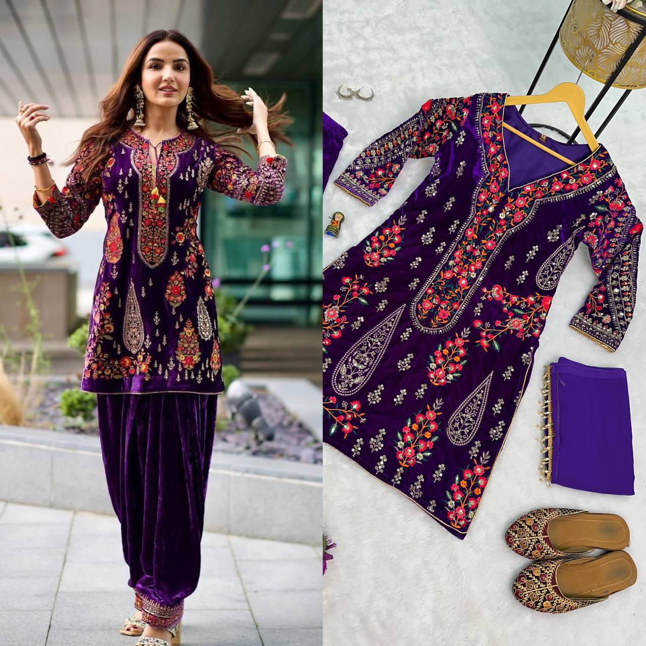 Royal Purple Velvet Suit Set – Embroidered Kurti, Patiala & Dupatta