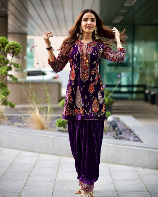 Royal Purple Velvet Suit Set – Embroidered Kurti, Patiala & Dupatta