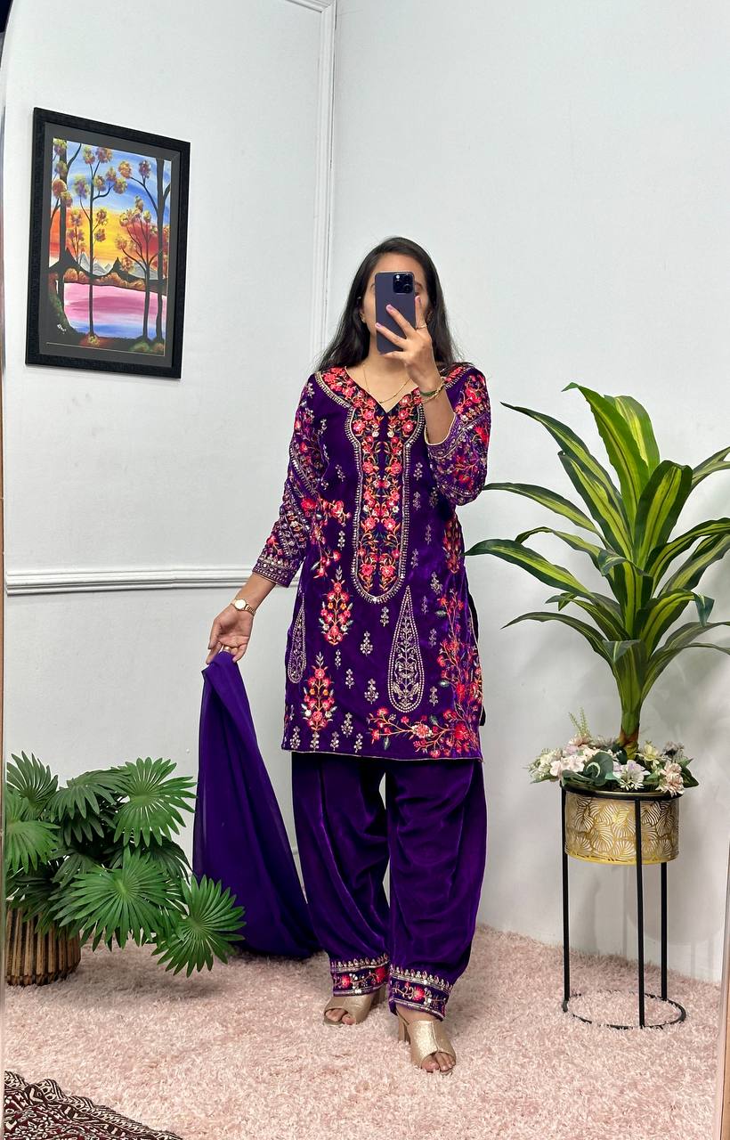 Royal Purple Velvet Suit Set – Embroidered Kurti, Patiala & Dupatta