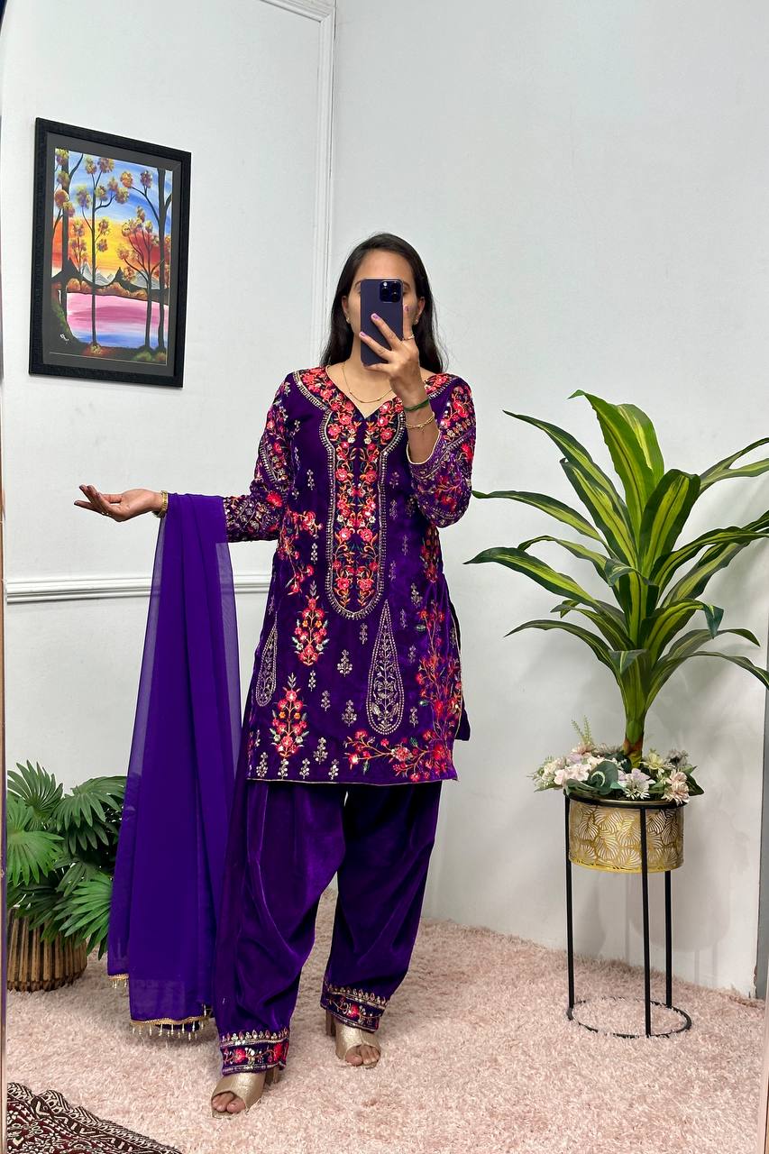 Royal Purple Velvet Suit Set – Embroidered Kurti, Patiala & Dupatta