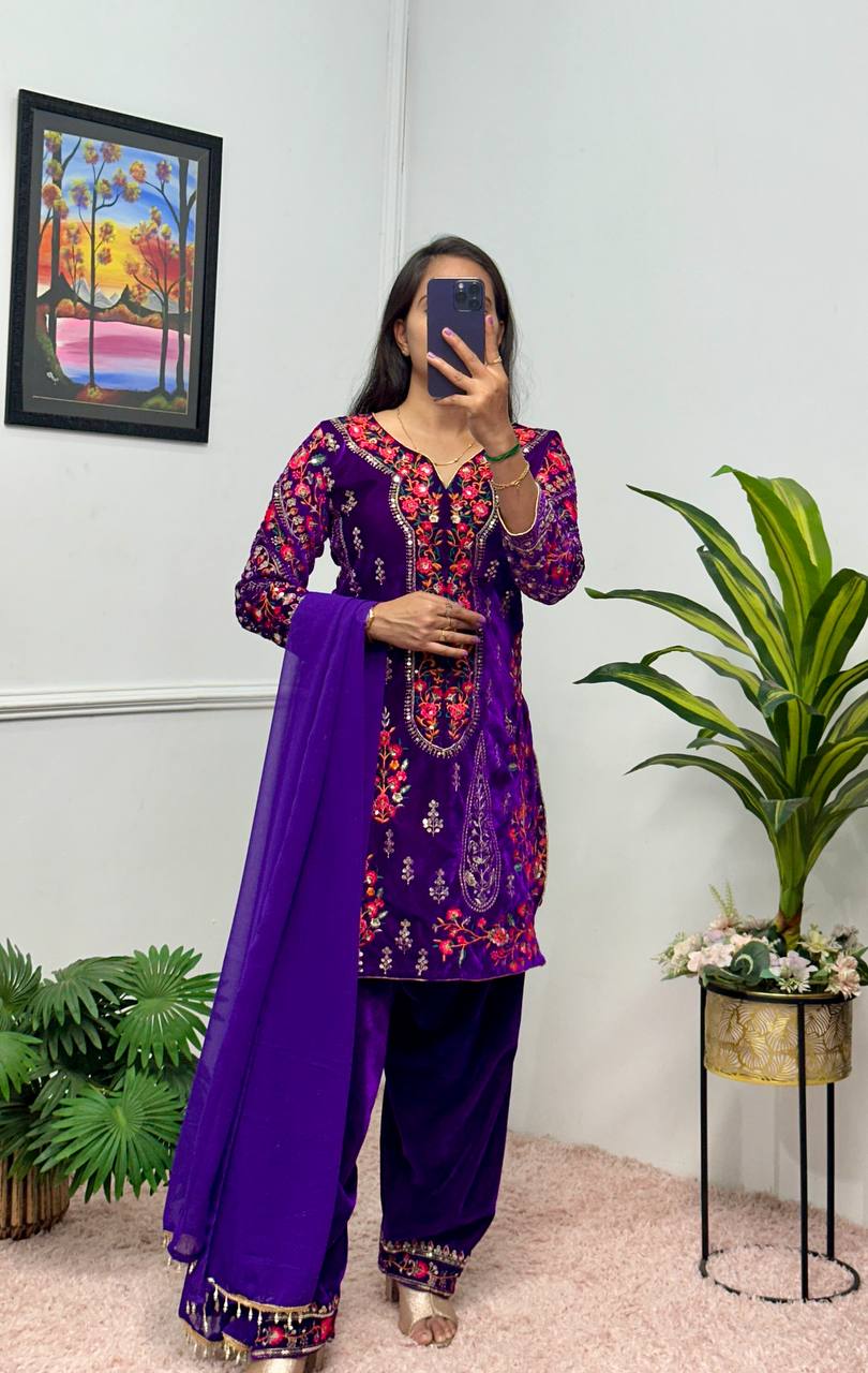 Royal Purple Velvet Suit Set – Embroidered Kurti, Patiala & Dupatta