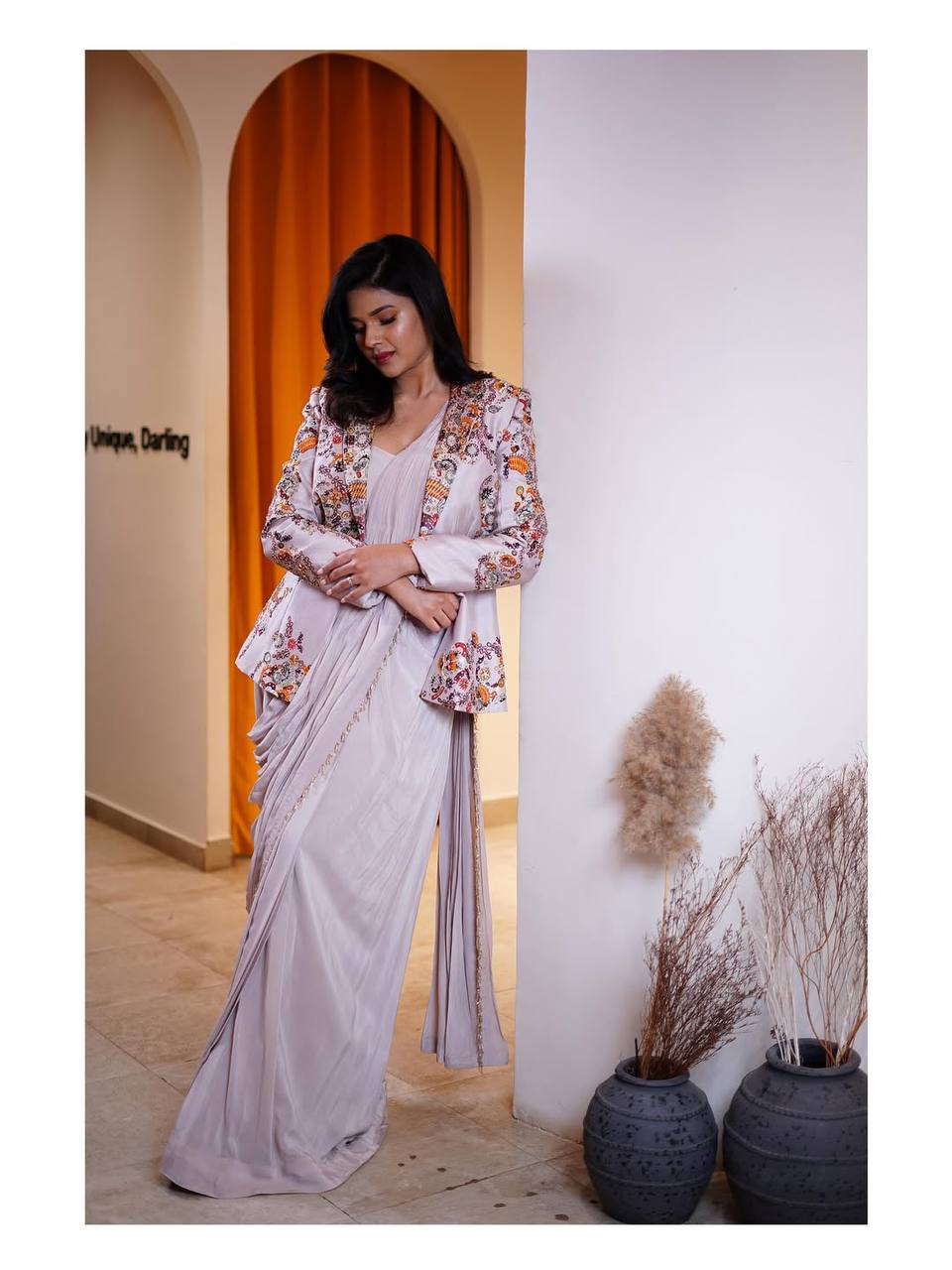 Indo-Western Drape Saree with Embroidered Koti &amp; Stitched Blouse – Rangoli Silk