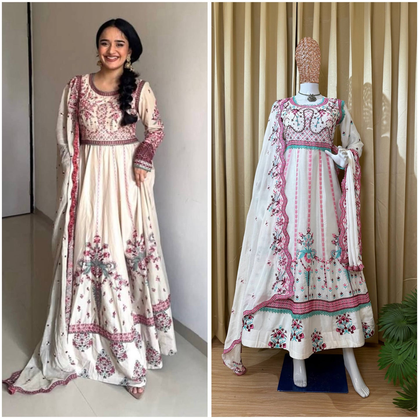 Elegant White & Pink Floral Embroidered Anarkali with Dupatta