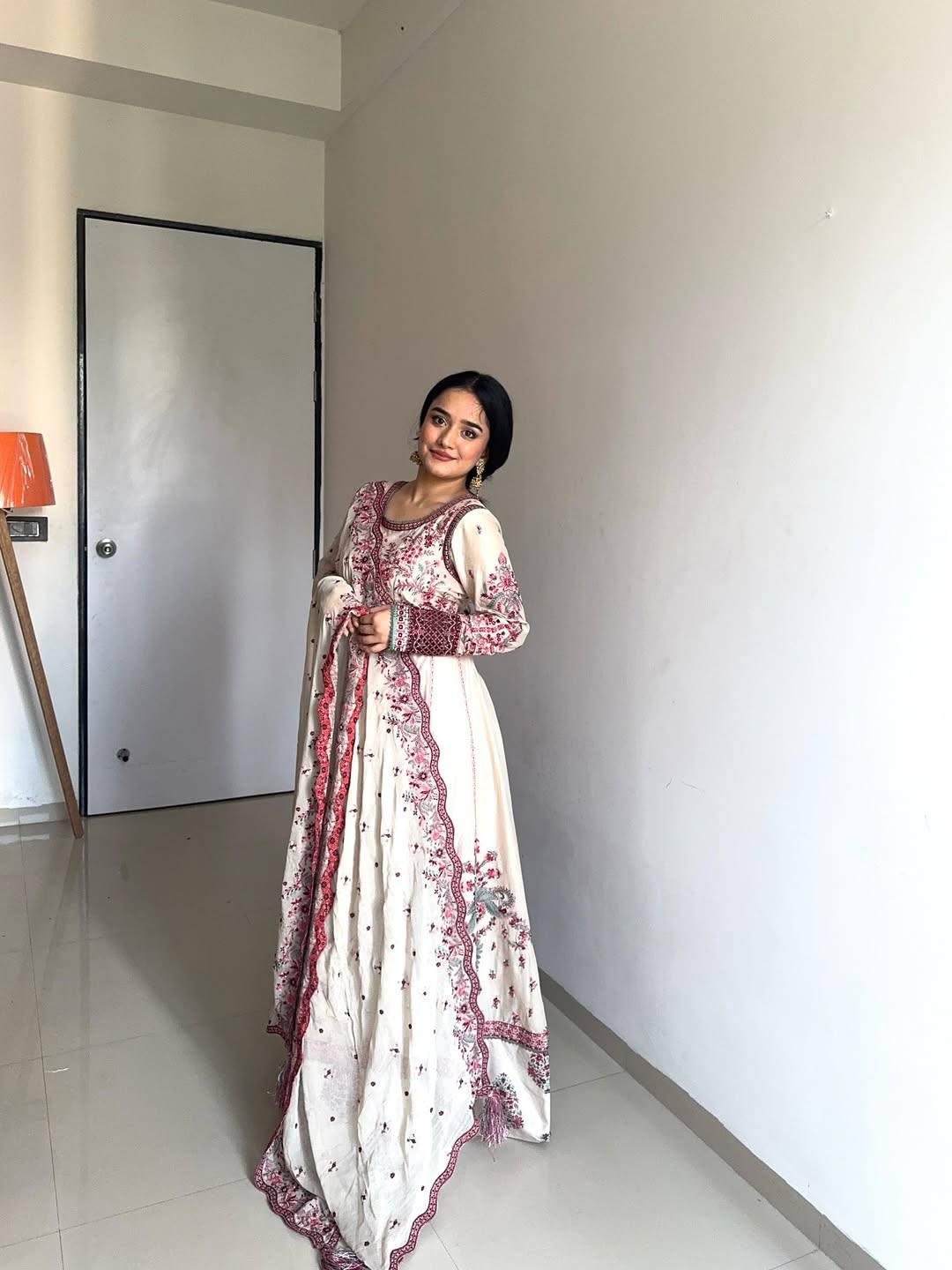Elegant White & Pink Floral Embroidered Anarkali with Dupatta
