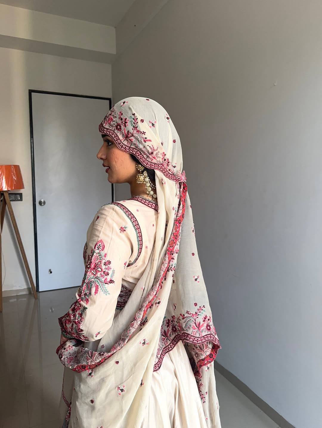 Elegant White & Pink Floral Embroidered Anarkali with Dupatta