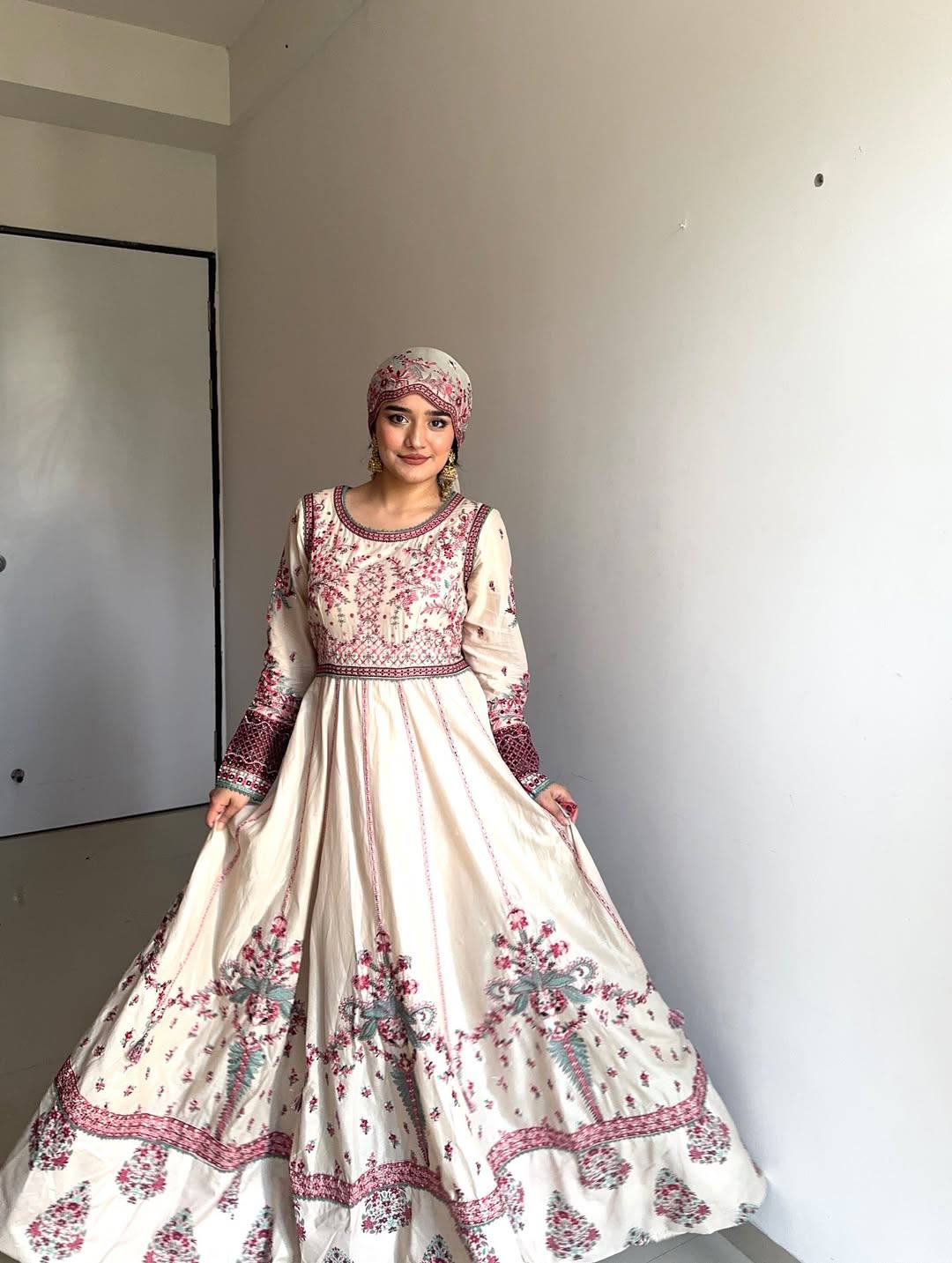 Elegant White & Pink Floral Embroidered Anarkali with Dupatta