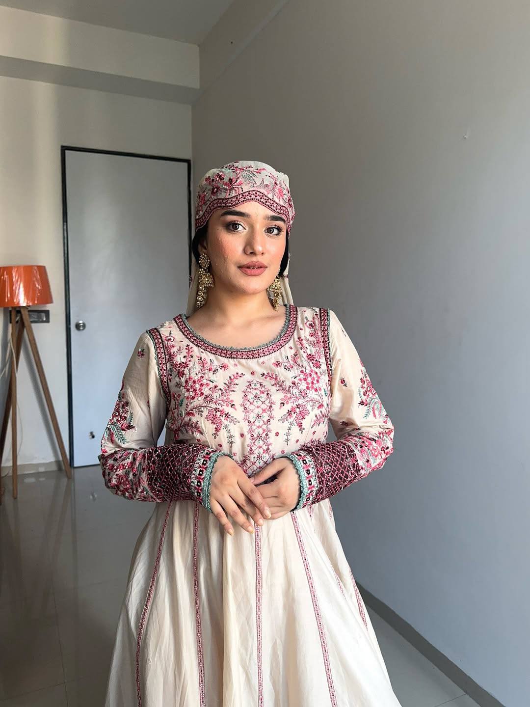 Elegant White & Pink Floral Embroidered Anarkali with Dupatta