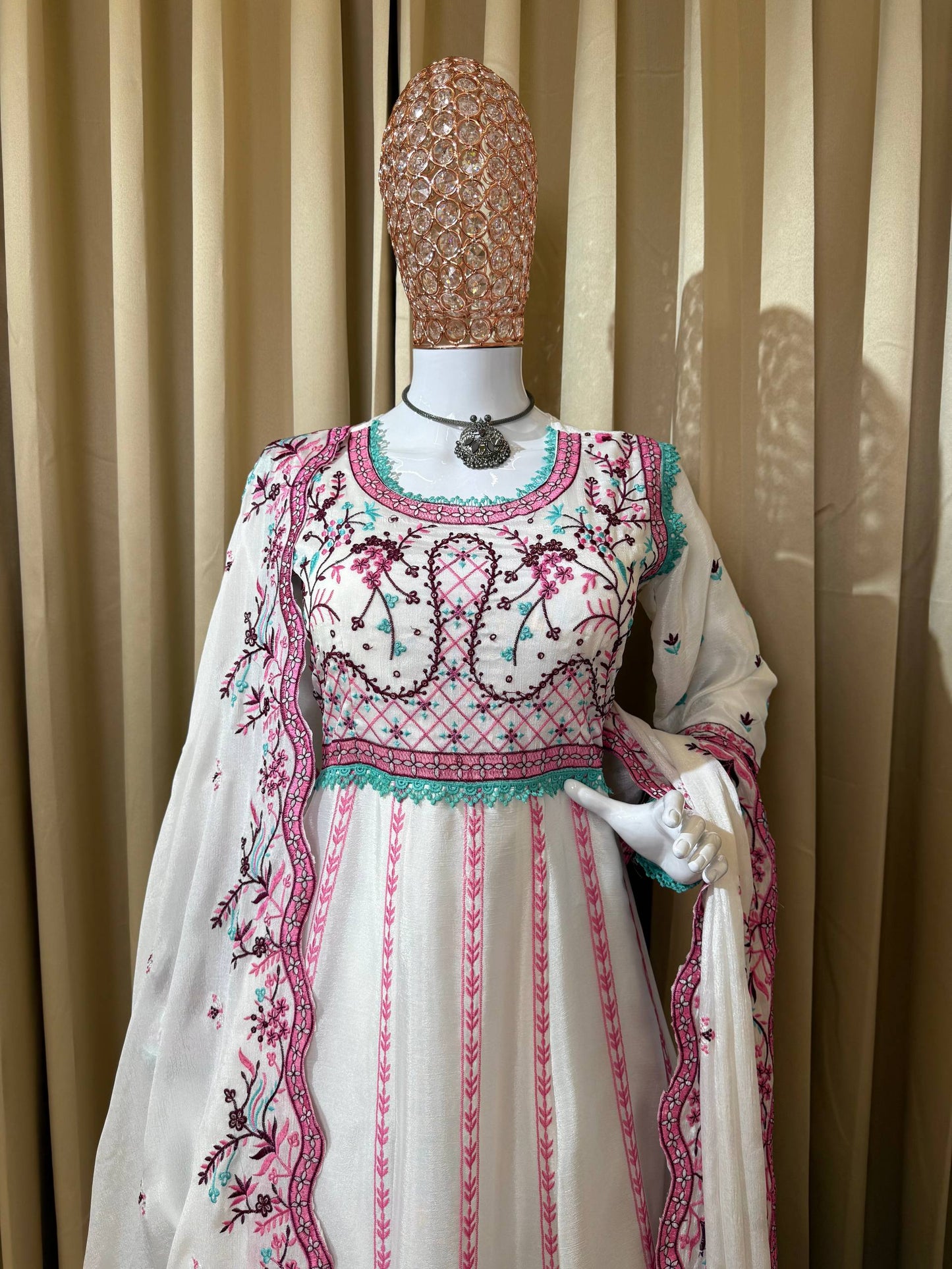 Elegant White & Pink Floral Embroidered Anarkali with Dupatta
