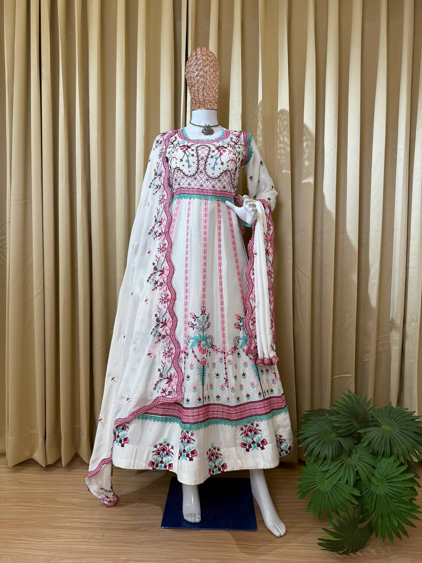 Elegant White & Pink Floral Embroidered Anarkali with Dupatta