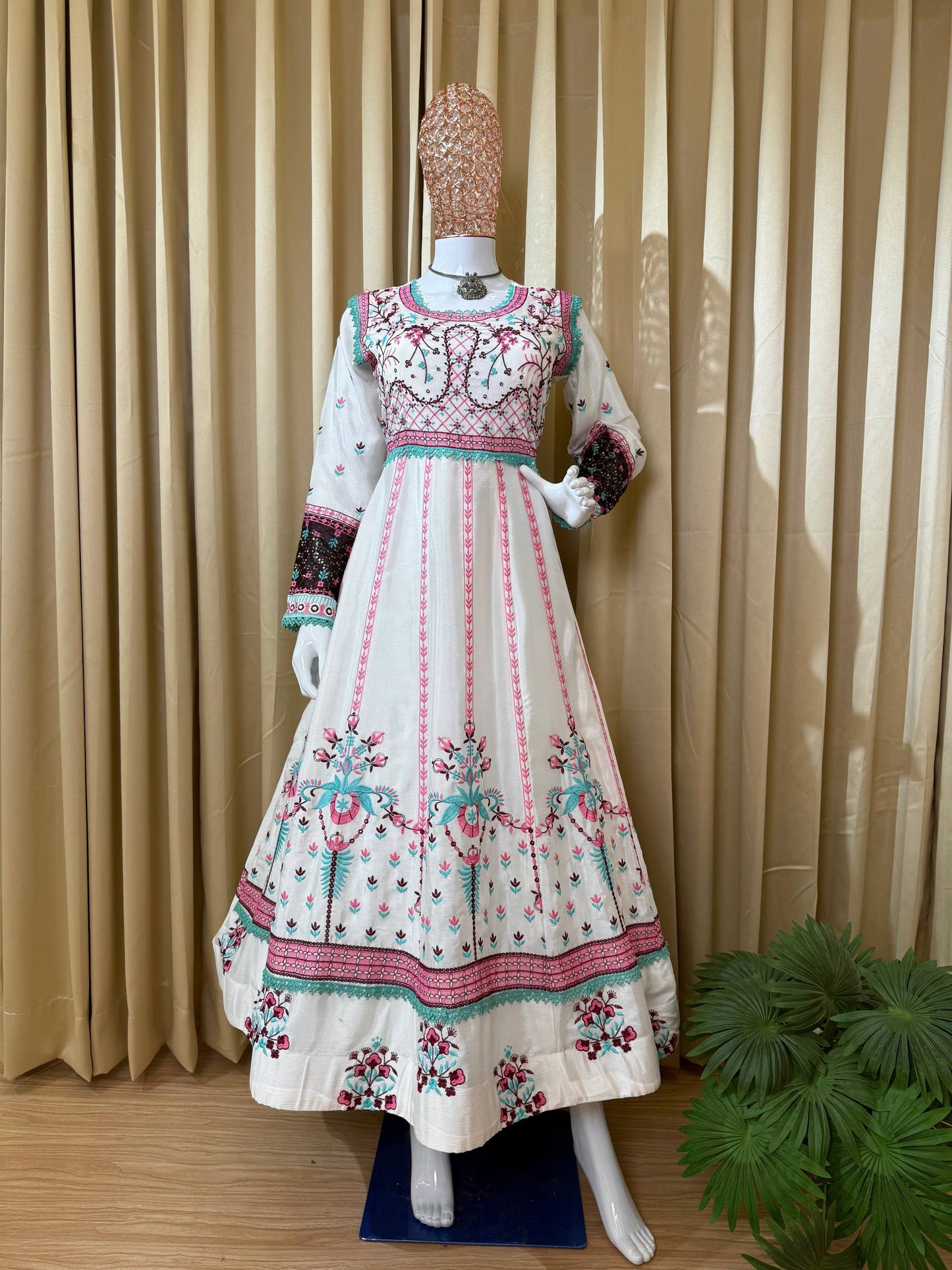 Elegant White & Pink Floral Embroidered Anarkali with Dupatta