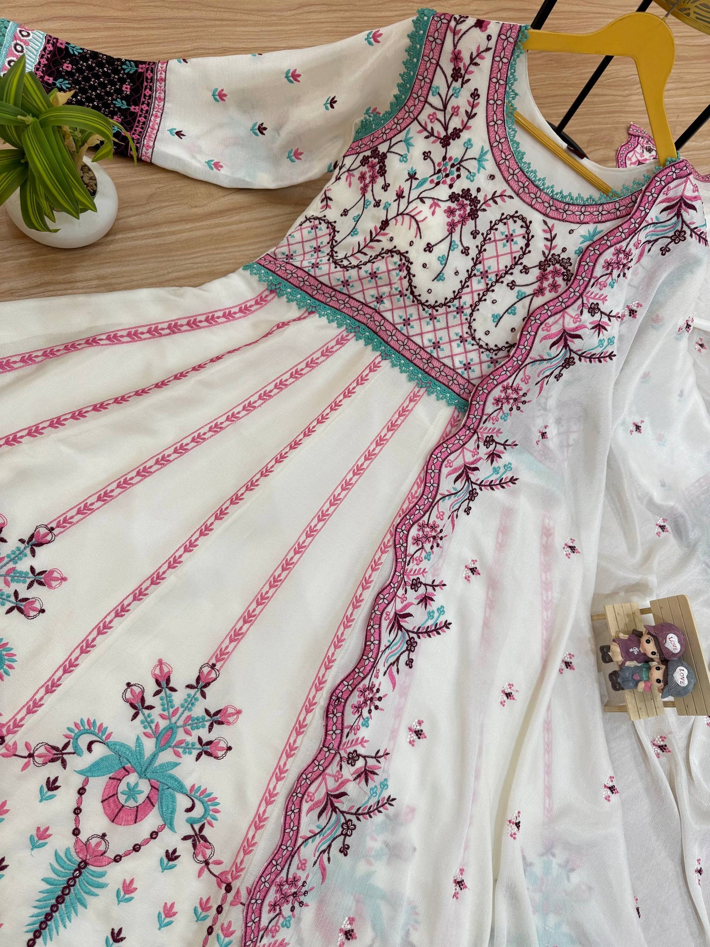 Elegant White & Pink Floral Embroidered Anarkali with Dupatta